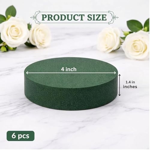 Pack of 6 FLOFARE Round Floral Foam Blocks for Fresh and Artificial Flowers, Each (4" X 1.4"), Dry & Wet Green Flower Foam for Flower Arrangements & Florist Supplies - size: 4"