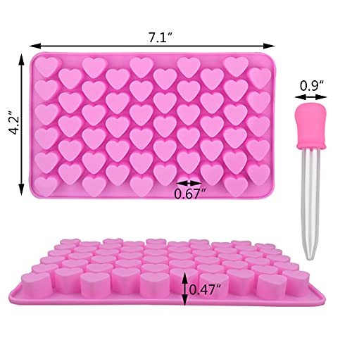 2 Pack Silicone Mini Hearts Molds with 2 Droppers Ice Cube Heart Mold Mini Hearts Shape Mould for Baking Silicone Molds for Chocolate Gummy Candy Soap Jelly Cake Heart Ice Tray (Pink)