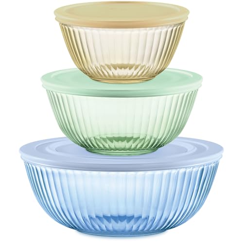 Pyrex Colors Tinted (3-Pack, Full Set) Sculpted Tinted Glass Mixing Bowls - color: Yellow, Green, Blue, size: 3-Pack, Small/Medium/Large, With Lids