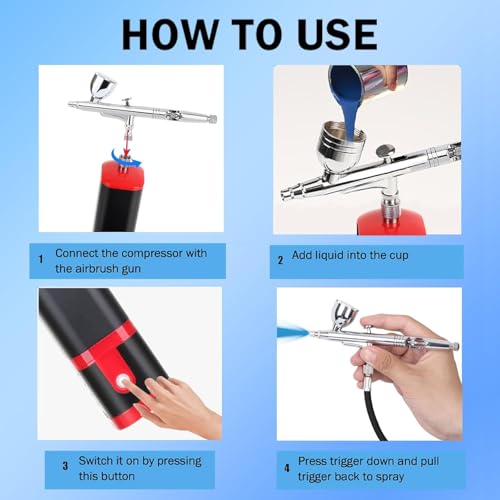 Portable Upgraded Dual-Action extra battery Airbrush kit with compressor-replaceable battery Cordless Air Brush Set for Leather furniture repair,Nail Art,Painting,Cake,Model,Tattoo,T-shirt - color: Red+black