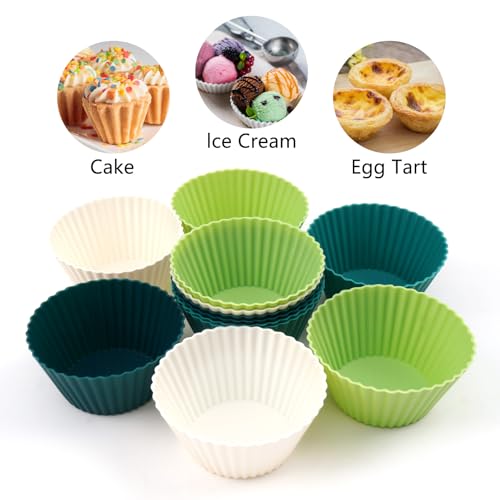12 Pack Silicone Baking Cups, 4 Colors Reusable Non-Stick Muffin Liners, Heat-Resistant Cupcake Molds for Oven, Green - color: Green