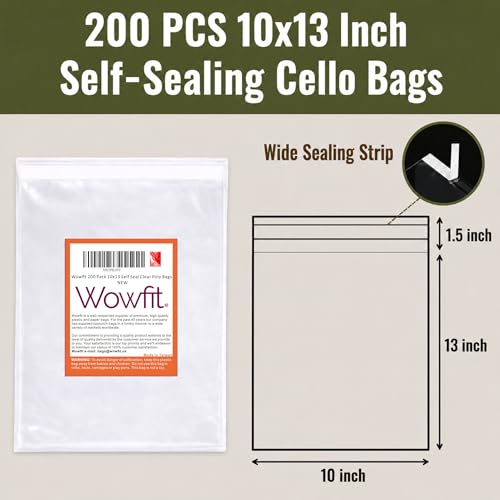 Wowfit 200 CT 10x13 Self Sealing Clear Shirt Bags for Small Business - size: 10x13 Inch (Pack of 200)
