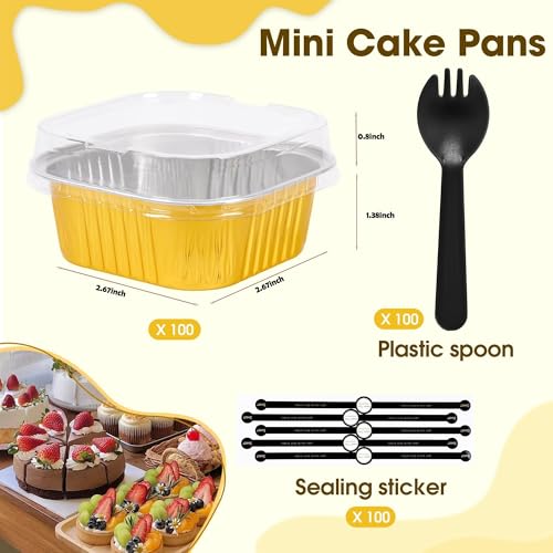 100 Pcs Mini Cake Pans with Lids and Spoons, 5oz Square Aluminum Foil Brownie Baking Cups, Small Cake Tins with Lids, Disposable Ramekins, Mini Cake Containers For Wedding Birthday Party (Gold) - color: Gold, size: 5 OZ
