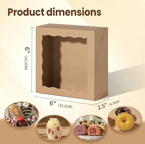 20 Pack 6x6x2.5 Inch Brown Pastries Boxes with Window for Cookie, Cake, Macaron, Pie, Bath Bombs,Chocolate Covered Strawberries & More - color: Brown