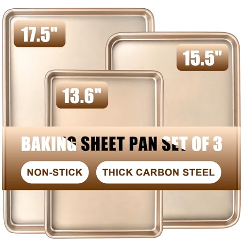 Baking Sheet Pan Set of 3, Nonstick Commercial Cookie Sheets for Baking - color: Champagne Gold
