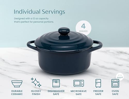 Kook Mini Cocotte, Lids, Handles, Dutch Oven, Set of 4, 12 oz, Navy - color: Navy