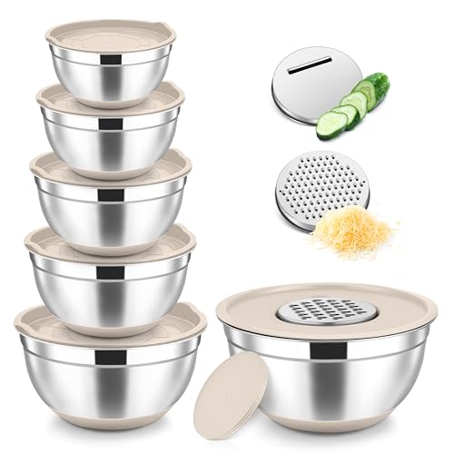 TeamFar Mixing Bowls, Stainless Steel Salad Bowl with Lid & Graters -Khaki - color: Khaki