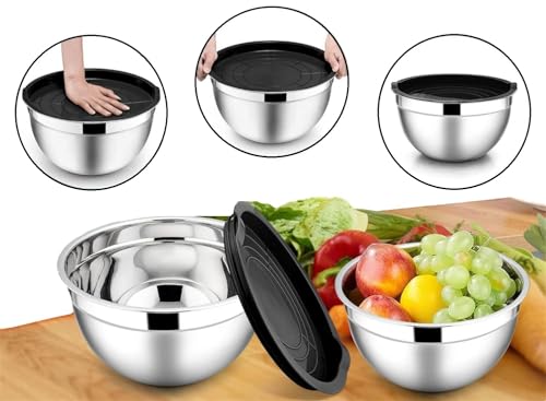 TEEM Stainless Steel 304 Mixing Bowls with Lids, Set of 3 Large Medium Small 1.5L 2L 3L (1.6QT 2.1QT 3.2QT) Food-Grade Metal Nesting Salad Bowls - Rust-Resistant, Dishwasher Freezer Safe