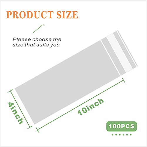 100 pcs 4" x 10" Long Clear Resealable Cellophane Bags Self Sealing Treat Bags Cookie Bags with Adhesive Flap Gift Wrap Poly Bags Plastic Packaging 1.4 mil - size: 4x10 inch (Pack of 100)