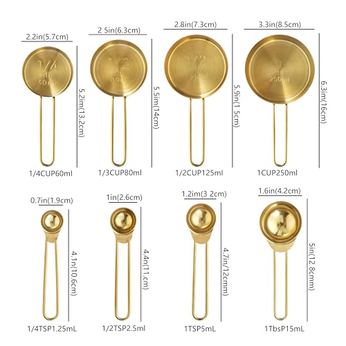 Measuring Cups and Spoons Set, Kaloo 8PCS Stainless Steel Metal Measuring Cups, Gold Finish, Ideal for Cooking and Baking