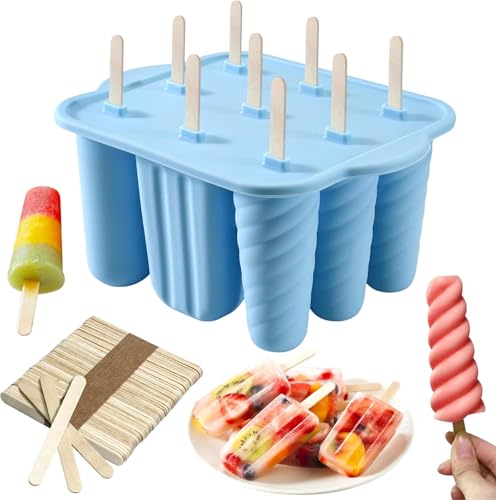 9 Cavity Popsicles Molds with 50pcs Wooden Sticks BPA Free Ice Pop Molds - color: Blue