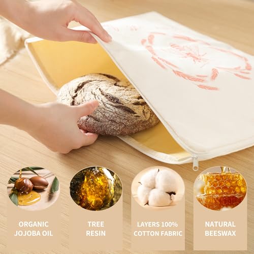 Premium Beeswax Bread Bags for Sourdough with Wide Zipper Access, 2 Pack XL(13x17in) Reusable Organic Beeswax-Coated Linen Cotton Bread Bags for Homemade Bread, Keeps Bread Fresh Naturally - color: White - Little Bee