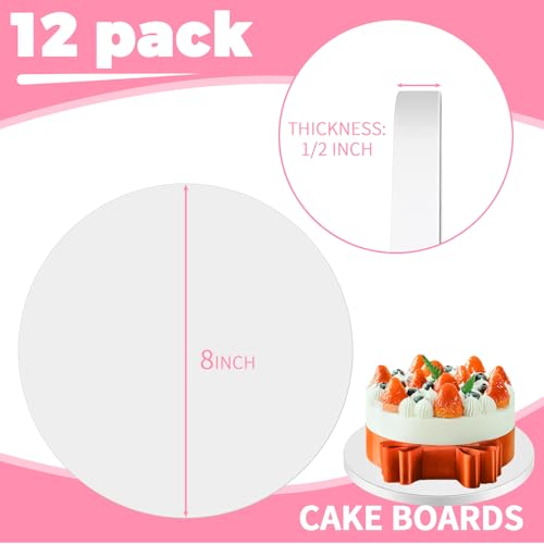 12 PCS White Cake Boards 8 Inch Cake Drums with 1/2-Inch Thick Smooth Edges for Multi Tiered Birthday Wedding Party Cakes Board. (8inch(12pack)) - size: 8inch(12pack)