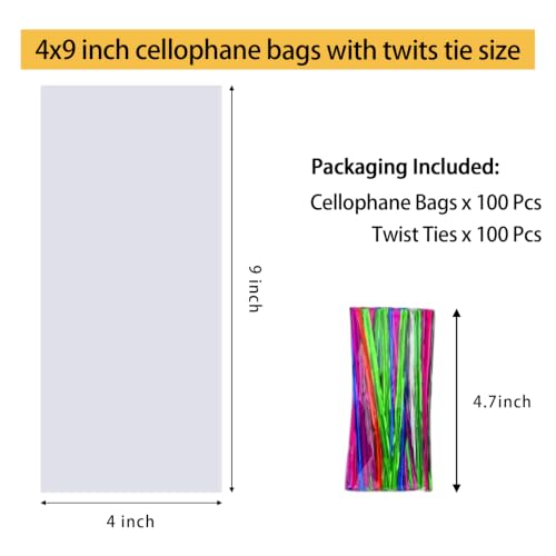 Nobranded 100 pcs Clear 4" x 9" Flat Cello Cellophane Bags Poly Treat Bags 2.8 mils for Gift Wrapping, Bakery, Cookie, Candies, Toast, Dessert, Party Favors Packaging with Color Twist Ties - size: 4x9 Inch (Pack of 100)