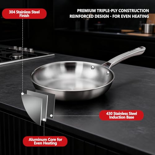 ROVSUN 8-10-12 Inch Stainless Steel Cookware Set, Tri-Ply Skillets Set with Lids, Full Clad Stainless Steel Chef's Pan, PFOA & PTFE Free Skillets, Compatible for All Cooktops, Dishwasher & Oven Safe - size: 5-Pieces Skillet with Lids