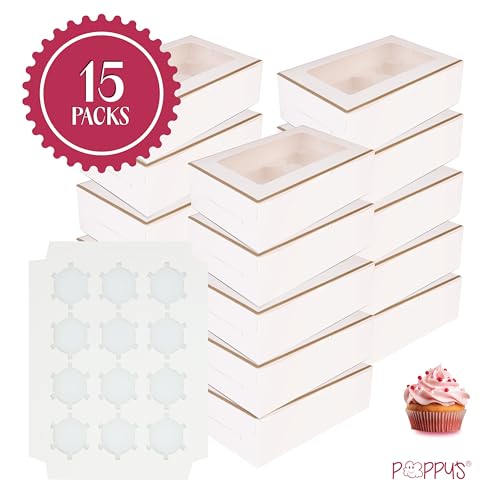 Poppy's (15 Pack) Gold-Trimmed Cupcake Boxes - 12 Count Cupcake Containers with Removable Inserts, Transparent Window Cupcake Holder - color: 15 Pack