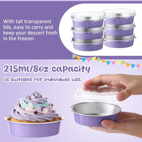 Yinder 8 oz Disposable Creme Brulee Ramekins with Lids, 4 Inch Mini Pie Tins Aluminum Foil Pie Tart Cake Baking Pans Individual Round Containers Oven Safe(Taro Purple,120 Pcs) - color: Taro Purple