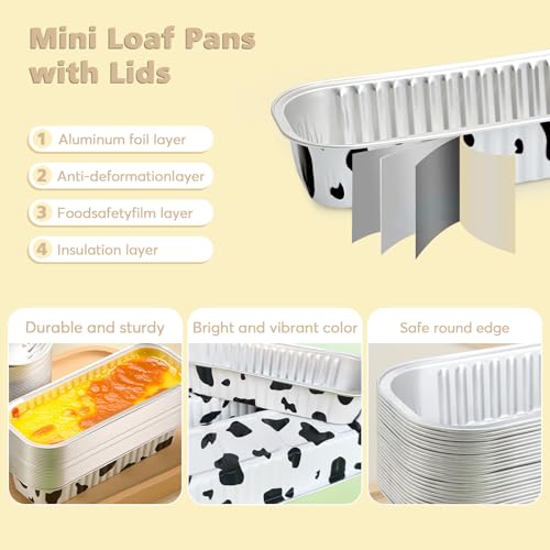 100 Pack Mini Loaf Pans with Lids and Spoon,6.8oz Cow Print Small Loaf Pans - color: Cow Print