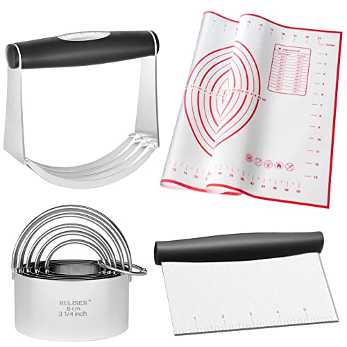 HULISEN 5-Pc Biscuit Cutters, Pastry Scraper, Dough Blender, Silicone Mat - size: 4 Pcs Pastry Cutter Set with Silicone Mat