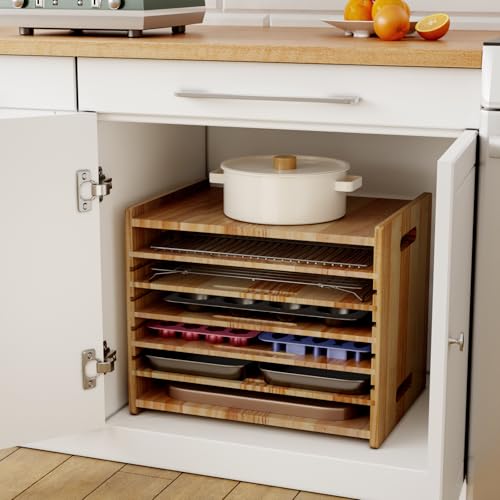 7 Tiers Cookie Sheet Organizer for Cabinet, Wooden Tray Dividers for Kitchen Cabinets Baking Sheet Pan Organizer, for Heavy Pans, Cutting Board, Bakeware, Kitchen Cupboard Storage, Solid Wood - size: Large(20''W)