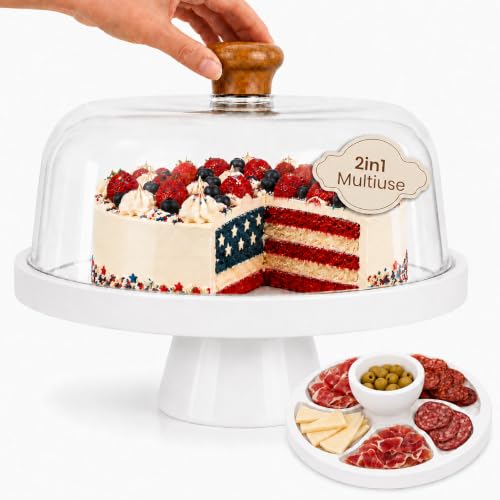 Acacia Wood Cake Stand with Lid Anti-Mold 12 Inch - 2-in-1 Wooden Charcuterie Board - Covered Dessert Plate with Acrylic Dome - Vintage Pastry Display - Tall Domed Serving Stand Platter - color: F - White