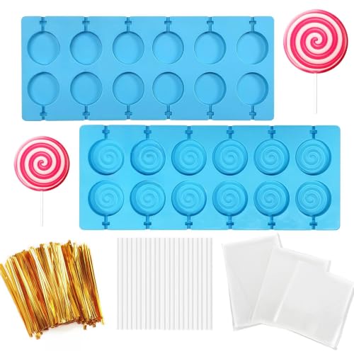 12 Capacity Blue Silicone Lollipop Molds,Hard Candy Chocolate Sucker Mold with 20pcs Bags,20pcs Gold Ties - color: A