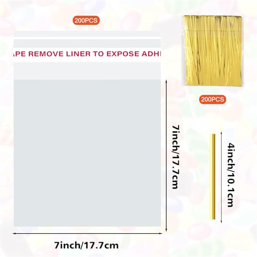 Self Sealing Cellophane Bags 7x7 Inches Cookie Bags Self Adhesive Clear Resealable Large Cookie Bags with Twist Ties for Gift Giving Party Favors Treat Bag 200 Pieces - size: 7x7 Inch