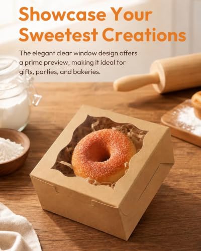 qiqee Brown Bakery Box with Window 4"x4"x2.5" 400Pcs - color: Brown, size: 4" x 4" x 2.5" / 400 Pcs