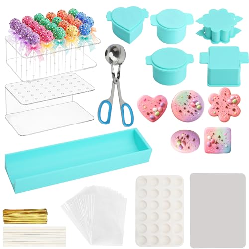 Cake Pop Mold Kit,3D Printed Cake Pop Cutter and Pusher,Cake Pop Roller Mold ,2 Pcs Acrylic Stands,24-Cavity Round Silicone Tray,500-Wrapping Set,Complete Baking Supplies for Party, Birthday,Wedding