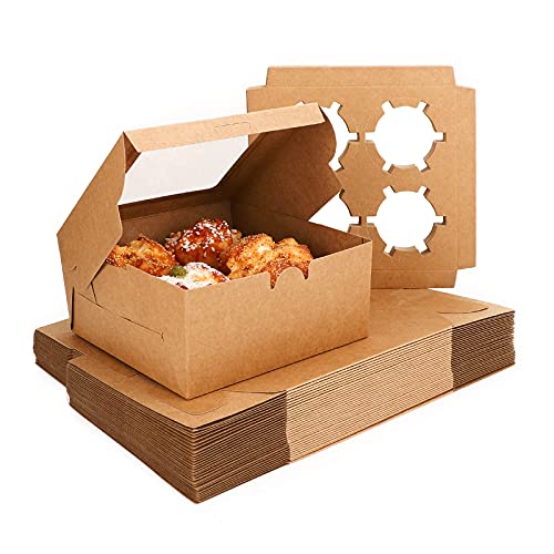 EUSOAR Muffins Boxes 4 Count, 50pcs Muffin Containers Cupcake Boxes with Insert and Display Window, Natural Color Kraft Cupcake Carrier Fits 4 Cupcakes or Muffins (6.4" x 6.3") - color: Kraft, size: 50pcs, 4 Holders