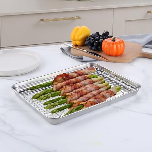 Homikit 10x12 Inch Stainless Steel Quarter Sheet Pan with Wire Cooling Rack - size: 12.4x9.6x1