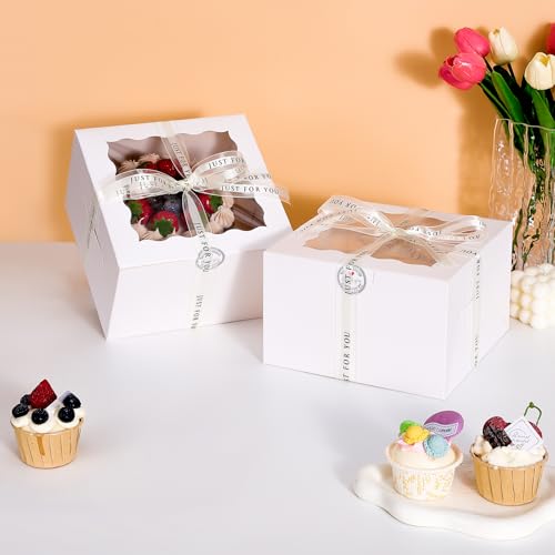 28 Sets 6x6x5 Cake Box, White Cake Box with Window 6" White Cake boxes Round Boards, 6inch Cake Containers with Lids for Easter and Mother's Day Cheesecake, Cakes(6 * 6 * 5inch/28pcs) - size: 6*6*5inch/ 56 pcs