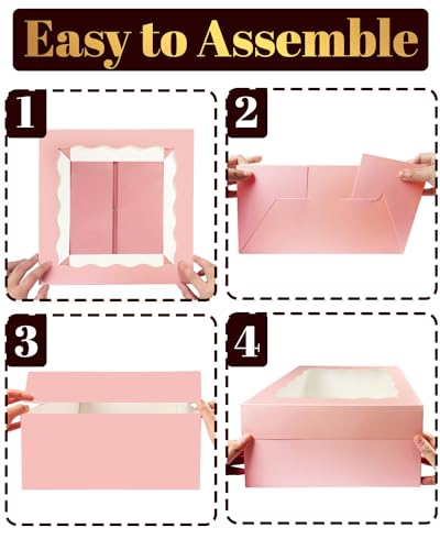 qiqee 12x12x6 Cake Box, 18 Sets Pink Cake Box with Window ＆ 18 Sets 8" Cake Round Boards, 8inch Cake Containers, 10 Meters Silk Ribbon - color: Pink, size: 18 Sets /12x12x6
