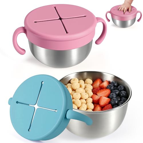 Snack Cups, 2 Pack Stainless Steel Toddler Snack Containers, Spill-Proof - color: Pink + Green