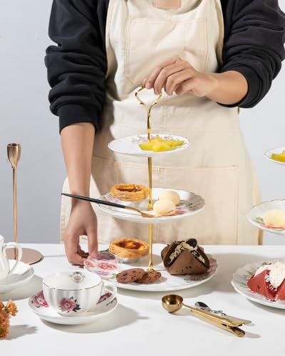 Sweejar 3 Tier Ceramic Cake Stand Wedding, Dessert Cupcake Stand for Tea Party Serving Platter (Rose Flower) - color: Rose Flower