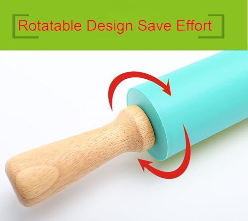 Silicone Rolling Pin, 9 Inch Green Rolling Pin with Wooden Handle for Kneading the Dough of Cookie, Baking Bread, Pizza and Noodles (Blue, 11.4 inch) - color: Blue, size: 11.4 inch