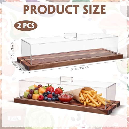 Mifoci 2 Pack Acacia Wood Cake Stand Serving Tray with Acrylic Lid, 15 x 6 x 4 Inches Charcuterie Table Display Set, Dessert Serving Tray Set for Bakery, Buffet, Home Party & Restaurant - color: Acacia Wood, size: 15 x 6 x 4 Inches