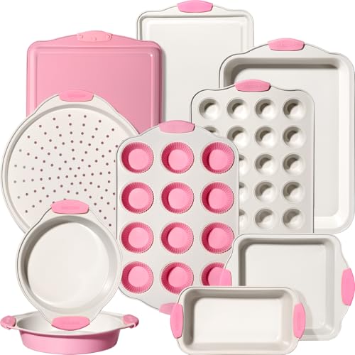 Kikcoin 22 PCS Nonstick Baking Pans Set, Stackable Bakeware Sets with Silicone Handles, 450°F Oven Safe Baking Sheet Set, Easy Release Cookie Sheets for Baking, Pink - color: Pink