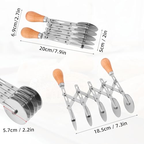 5-Wheel Pastry Cutter, Stainless Steel Dough Divider with Wooden Handle Adjustable Heavy Duty Pastry Wheel Multi-Use Kitchen Utensil for Pizza Pies Pasta Waffles Dough Brownies Lattice
