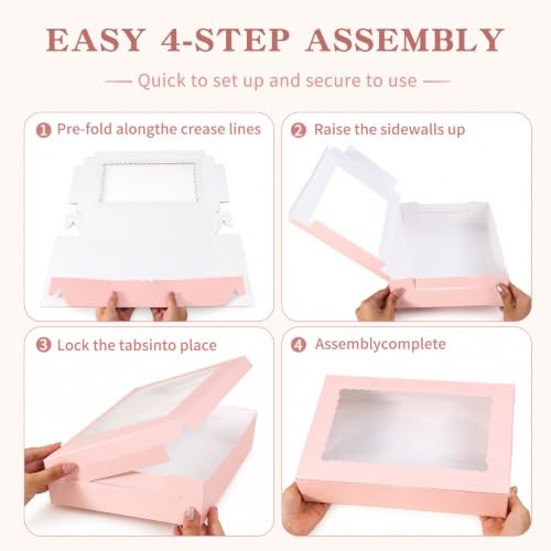 36pcs Auto-popUp Pink Cookie Boxes with Window,12x8x2.5 Inch Bakery Boxes|Sturdy Large Treat Box For Pies Chocolate Strawberries Donuts Pastry Dessert |350gsm Food-grade Thickness Cardboard - color: Pink/36pcs