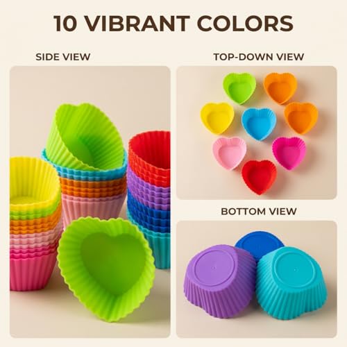 10Pcs Heart Multicolor Silicone Baking Cups, Reusable Muffin Liners - color: 10PCS- Heart Cups
