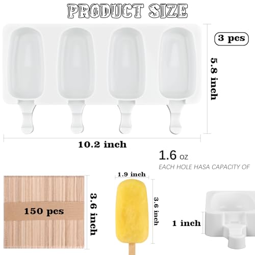 Sakolla 3 Pack Large Silicone Popsicle Molds with 150 Pcs Wooden Sticks - size: 3 Pcs Large - White (150 Sticks)