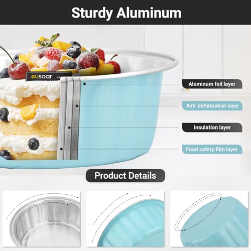 EUSOAR Mini Pie Pans with Lids, 50pcs 9oz Blue Disposable Muffin Tins Cake Containers, Foil Creme Brulee Ramekins Oven Safe Cupcakes Baking Cups Bread Pudding Liners for Wedding Birthday Party - color: Blue, size: 50pcs