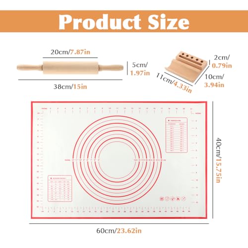 Rolling Pin Set for Baking, Wooden Dough Roller with a 24×16 Inch Silicone Mat and Stand, Kitchen Pastry Baking Accessories for Pie Crust, Cookies, Pizza Dough and Bread