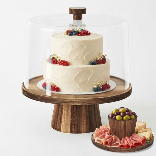 NWK 3-in-1 Acacia Wood 11 inch Cake Stand with Tall Acrylic Lid