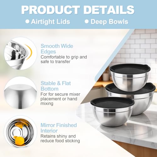 TeamFar Mixing Bowls, Stainless Steel Nesting Salad Bowls & Airtight Lids - color: Black