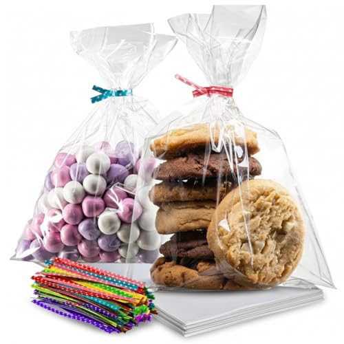 Prestee 200 Pack Clear Cellophane Bags for Favors - Transparent Goodie Bags for Birthday Party, 6x10 Inch Clear Bag with 4-Inch Twist Ties - Candy, Treat, Cookie Bag for Gift Giving - style: Twist Ties