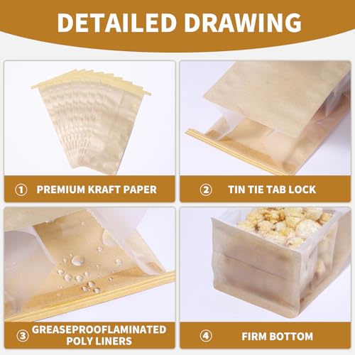 100Pack Kraft Bread Bags with Window and Tin Tie, 3.9 x 3.5 x 9.5 in - color: Brown
