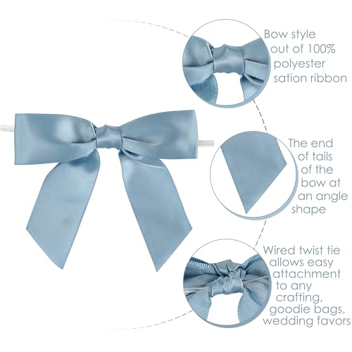 AIMUDI Dusty Blue Satin Ribbon Bows 3.5" Pre-Tied Twist Tie Bows for Treat Bags Gift Wrapping Cake Pop Goodie Bags Party Wedding Baby Shower Favor - 50 PCs - color: Blue Dusty