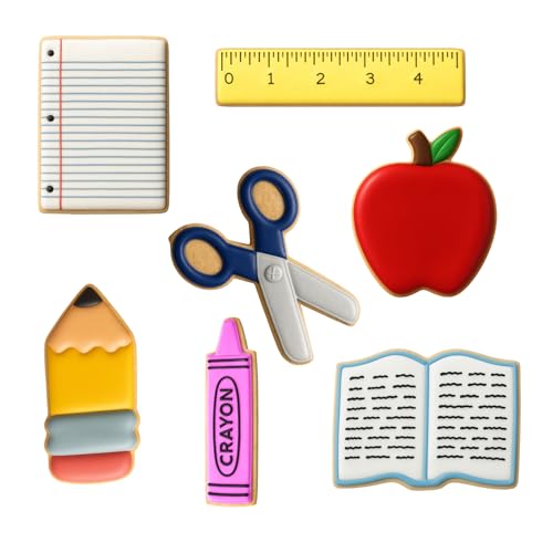 Foose Brand Back To School Teacher Appreciation Cookie Cutter 7 Pc Set –School Book, Ruler, Crayon, Scissors, Rectangle, apple, and pencil Cookie Cutters Hand Made in the USA from Tin Plated Steel